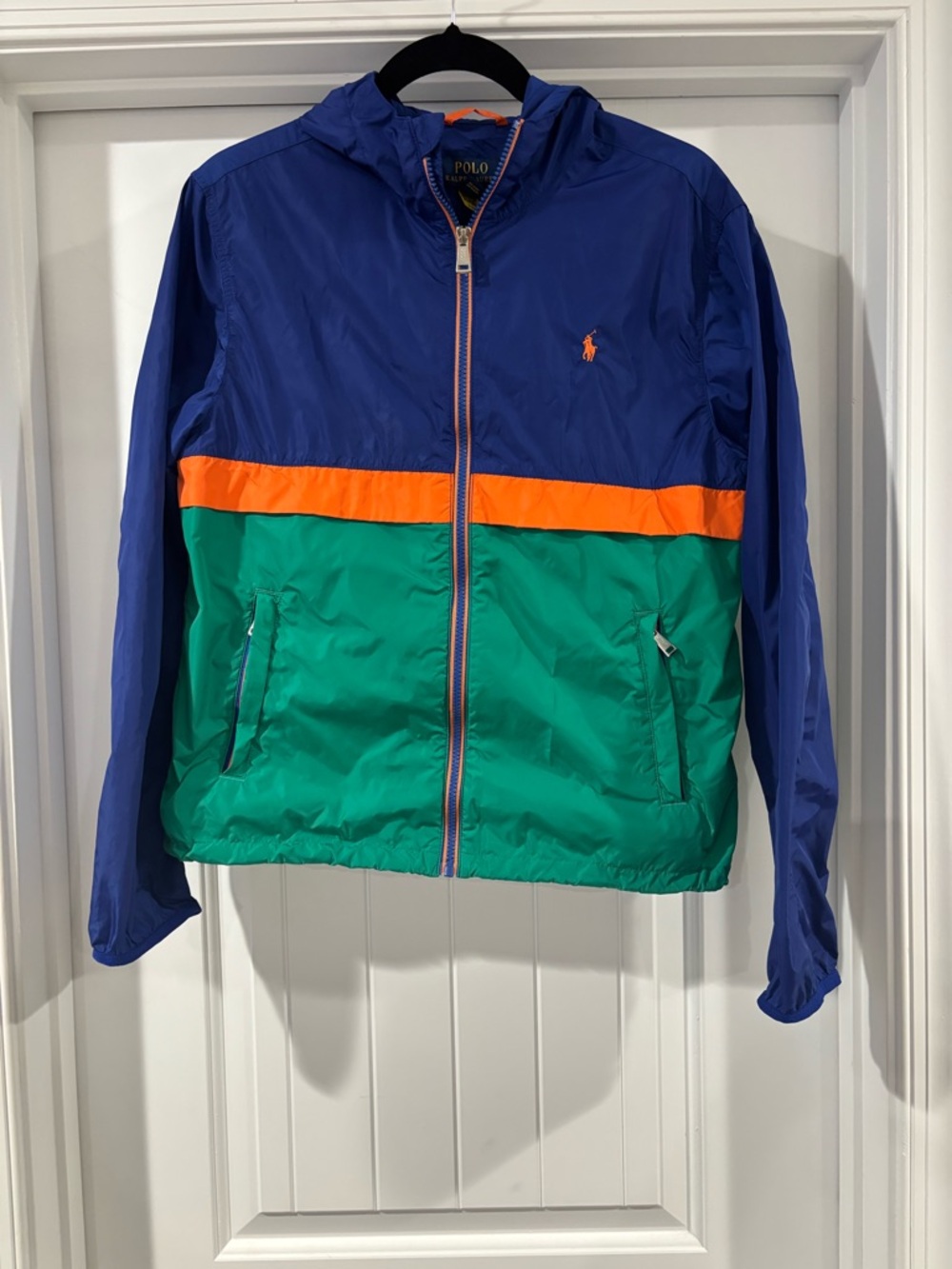 Polo by Ralph Lauren Blue Windbreaker with Orange Trim and Green Panel